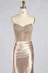 Champagne Strapless Beaded Sequin Satin Slit Evening Gown MC186