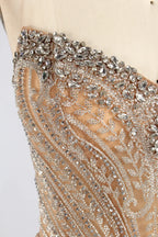 Champagne Strapless Beaded Sequin Satin Slit Evening Gown MC186