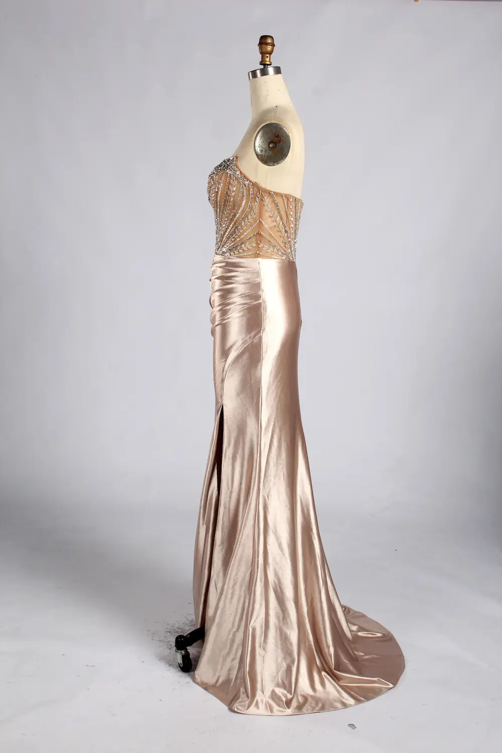 Champagne Strapless Beaded Sequin Satin Slit Evening Gown MC186