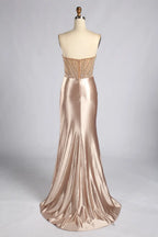 Champagne Strapless Beaded Sequin Satin Slit Evening Gown MC186