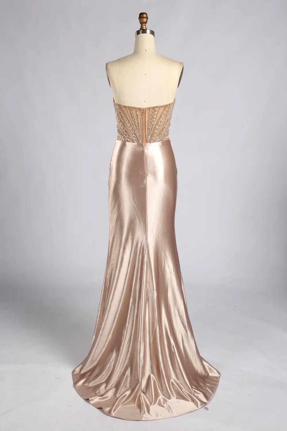 Champagne Strapless Beaded Sequin Satin Slit Evening Gown MC186