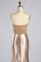 Champagne Strapless Beaded Sequin Satin Slit Evening Gown MC186