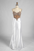 White Strapless Satin Mermaid Evening Gown with Beaded Corset Bodice MC187