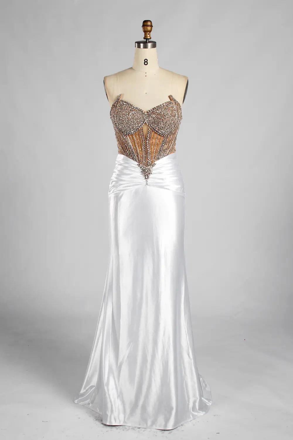 White Strapless Satin Mermaid Evening Gown with Beaded Corset Bodice MC187