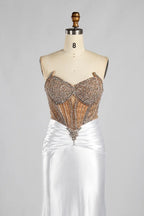 White Strapless Satin Mermaid Evening Gown with Beaded Corset Bodice MC187