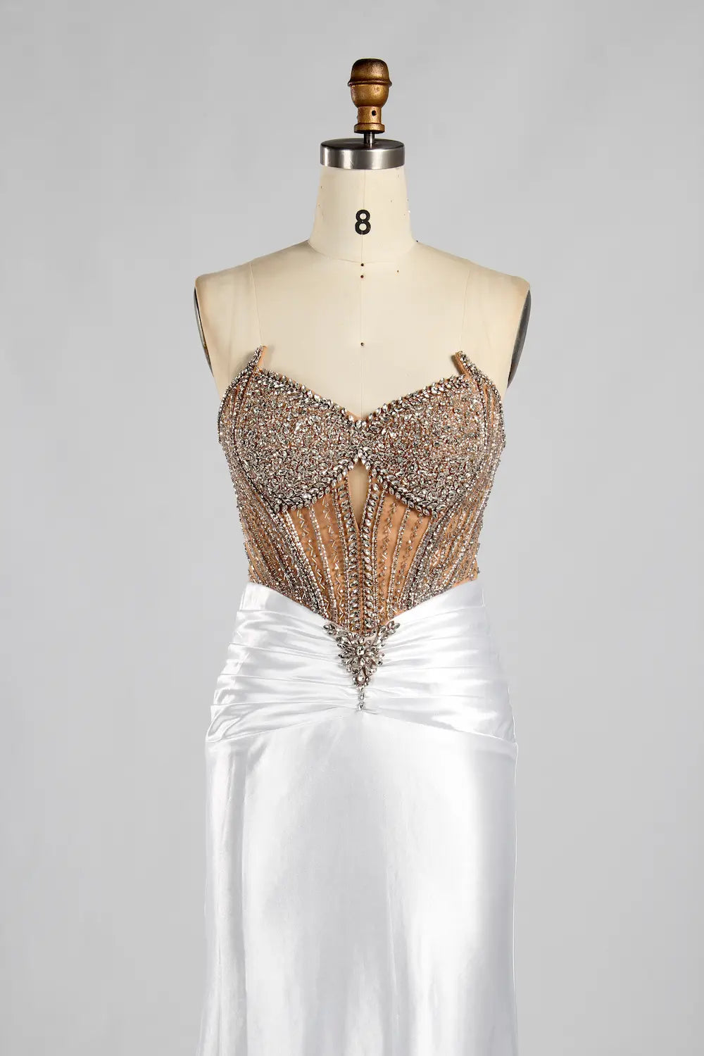White Strapless Satin Mermaid Evening Gown with Beaded Corset Bodice MC187