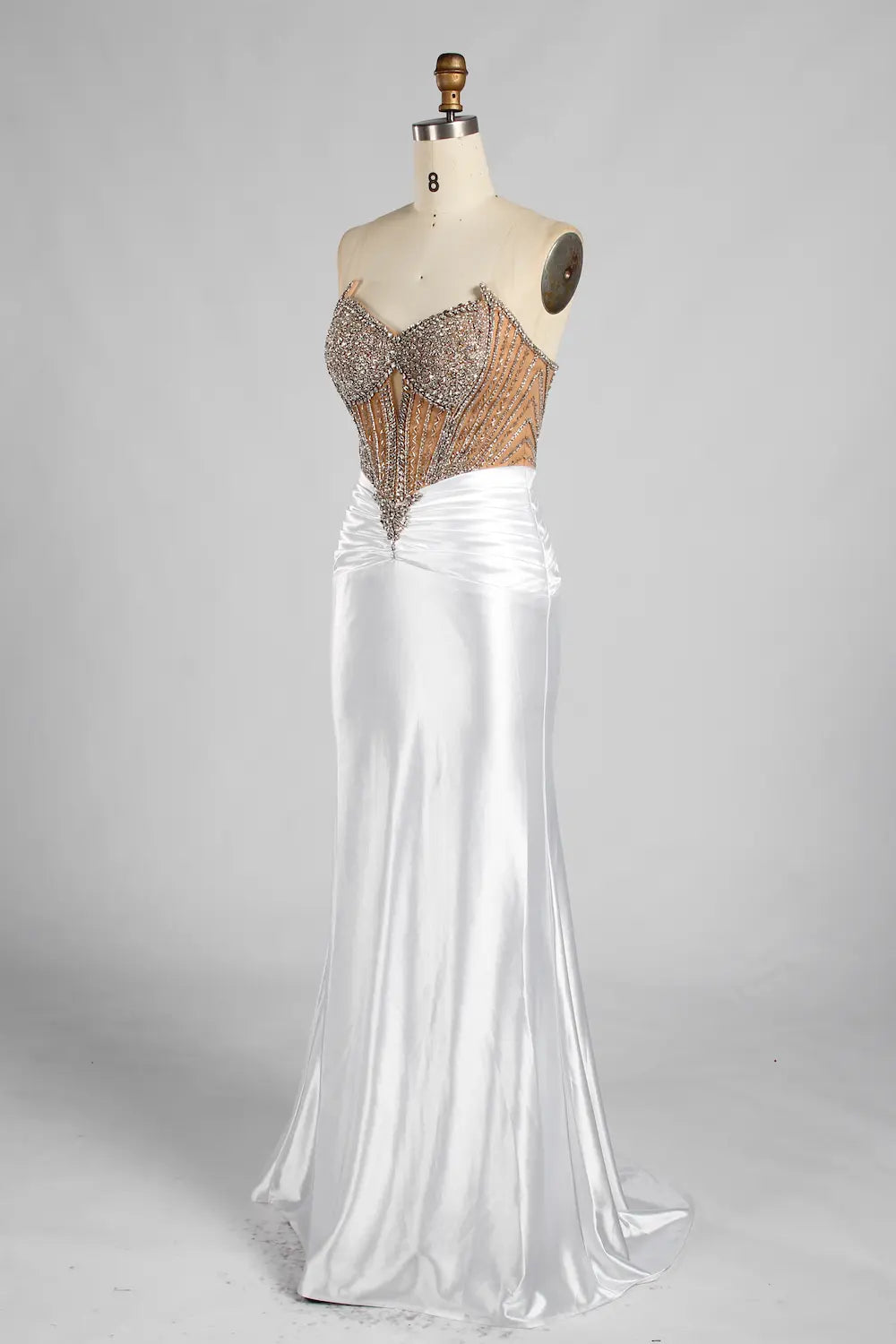 White Strapless Satin Mermaid Evening Gown with Beaded Corset Bodice MC187