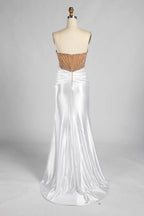White Strapless Satin Mermaid Evening Gown with Beaded Corset Bodice MC187