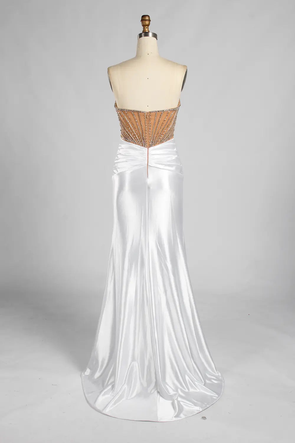 White Strapless Satin Mermaid Evening Gown with Beaded Corset Bodice MC187