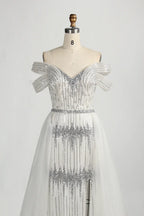 Off the Shoulder Beaded White Evening Dress MC125