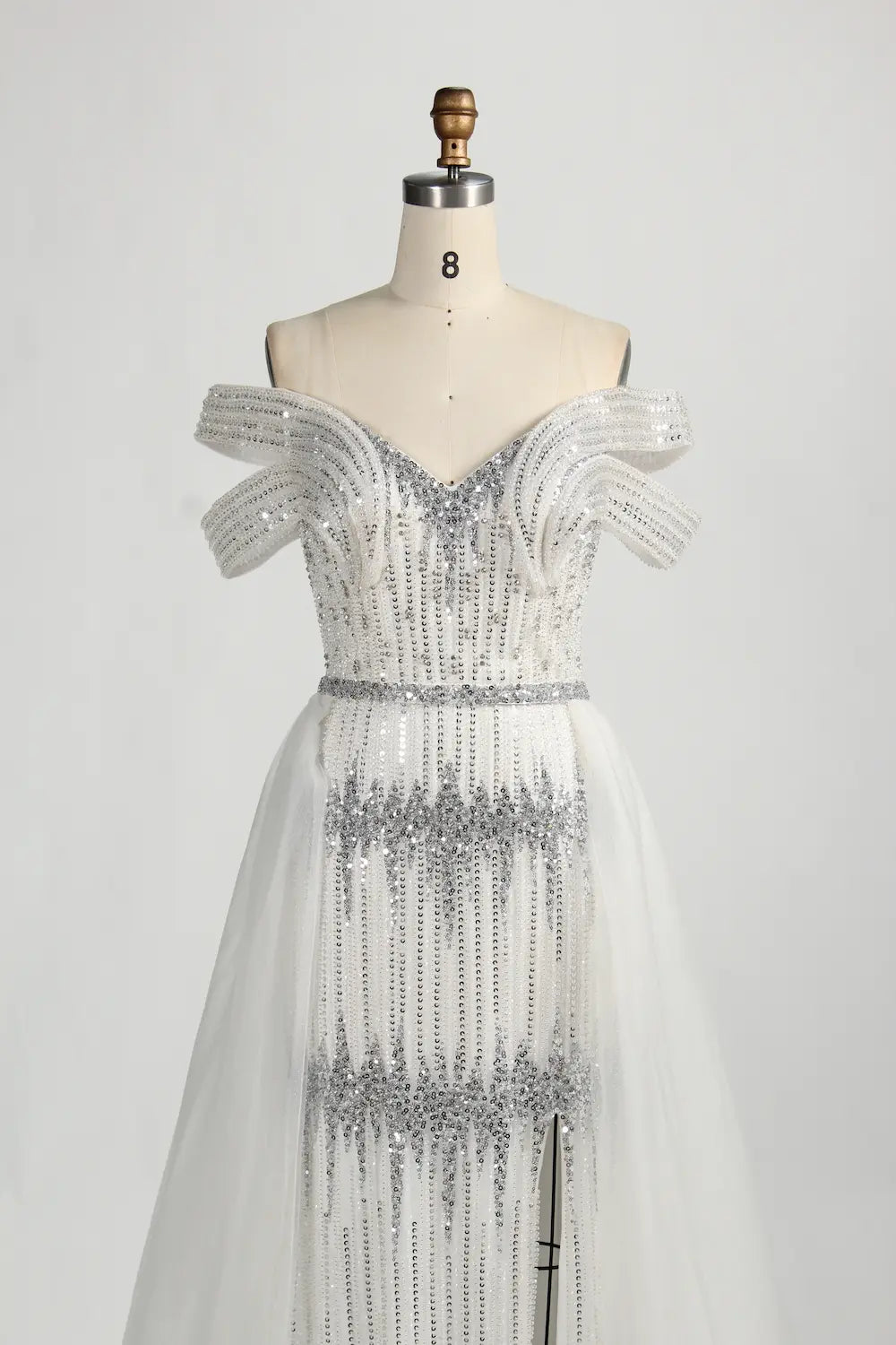 Off the Shoulder Beaded White Evening Dress MC125