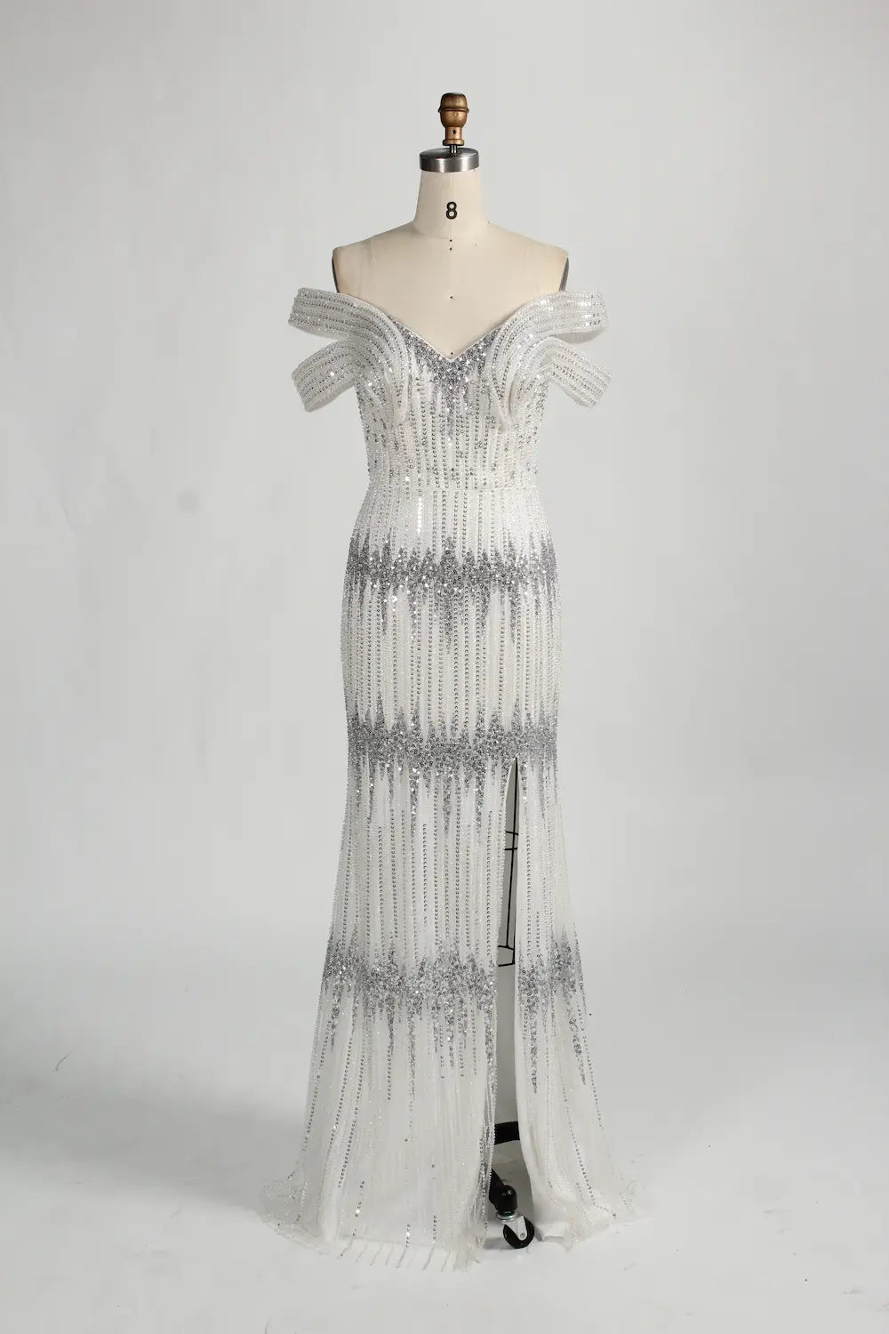 Off the Shoulder Beaded White Evening Dress MC125