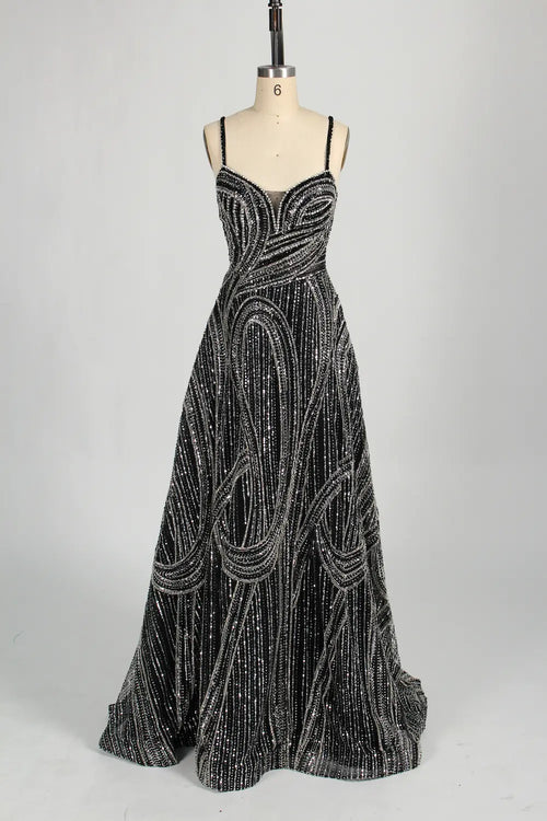 Beaded Sequined Black A-Line Mother of the Bride Dress with Cape MC126