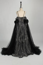 Beaded Sequined Black A-Line Mother of the Bride Dress with Cape MC126