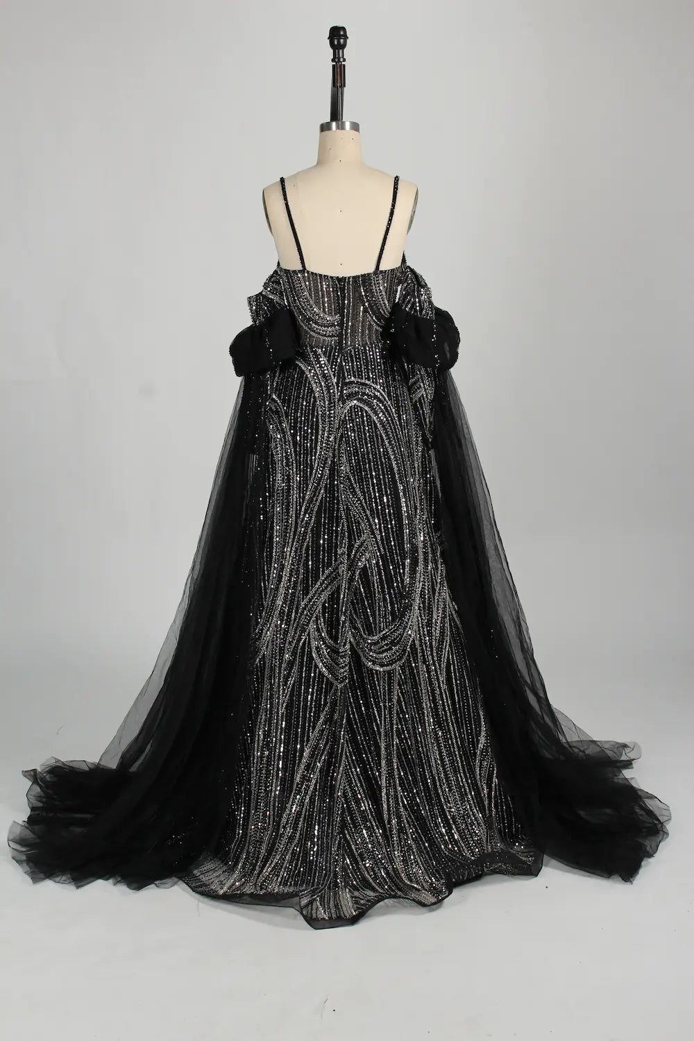 Beaded Sequined Black A-Line Mother of the Bride Dress with Cape MC126