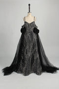 Beaded Sequined Black A-Line Mother of the Bride Dress with Cape MC126