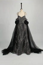 Beaded Sequined Black A-Line Mother of the Bride Dress with Cape MC126