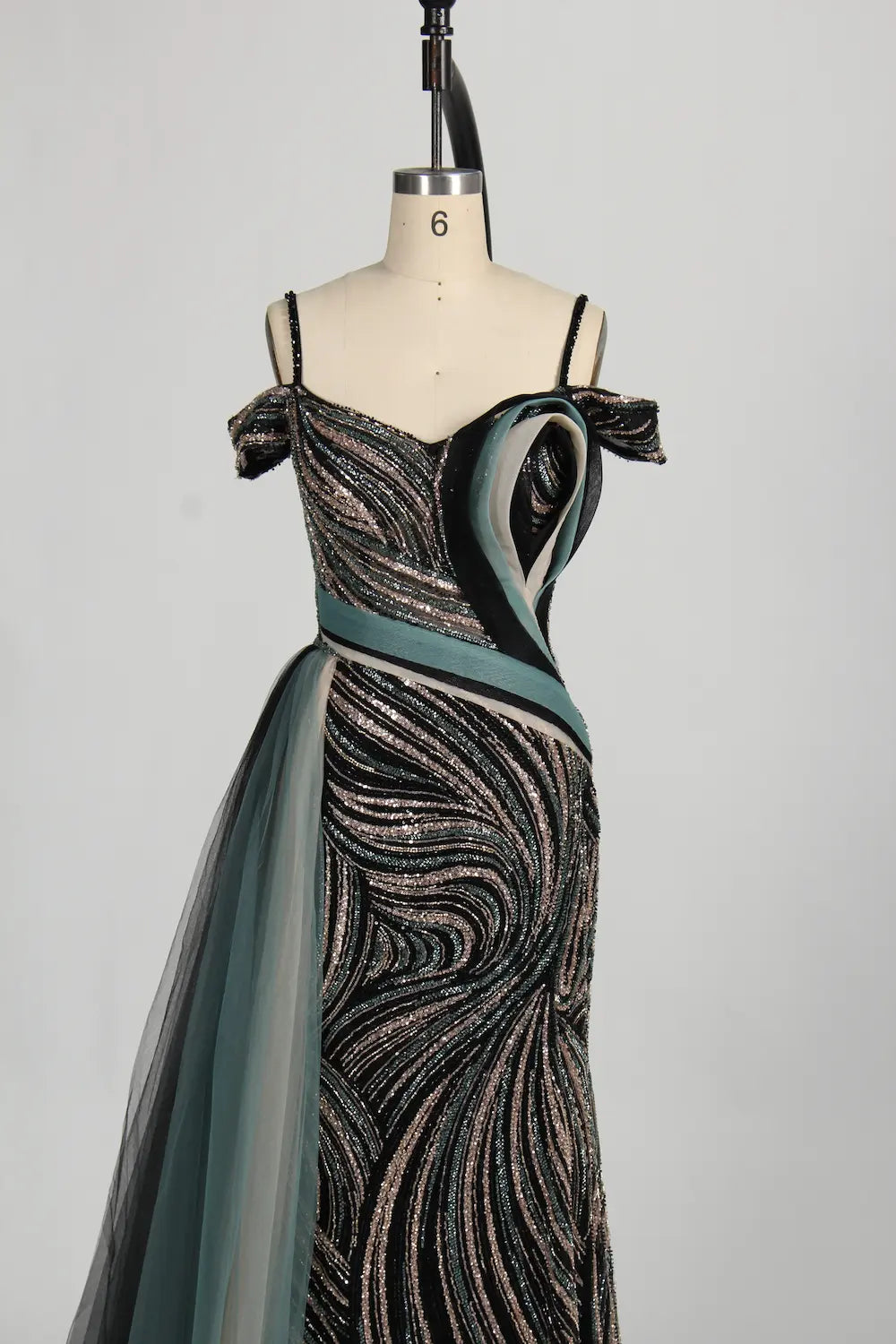 Off the Shoulder Sequined Black Evening Dress with Side Train MC127