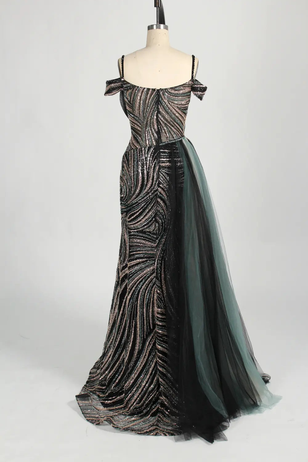 Off the Shoulder Sequined Black Evening Dress with Side Train MC127