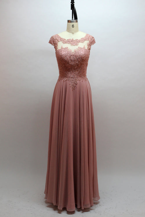 Front view of an elegant dusty rose A-line mother of the bride dress featuring a scoop neck sheer lace bodice with beaded floral applique, ruffle sleeves, and a long flowing floor-length chiffon skirt, ideal for weddings or formal banquets and available for wholesale or bulk orders.