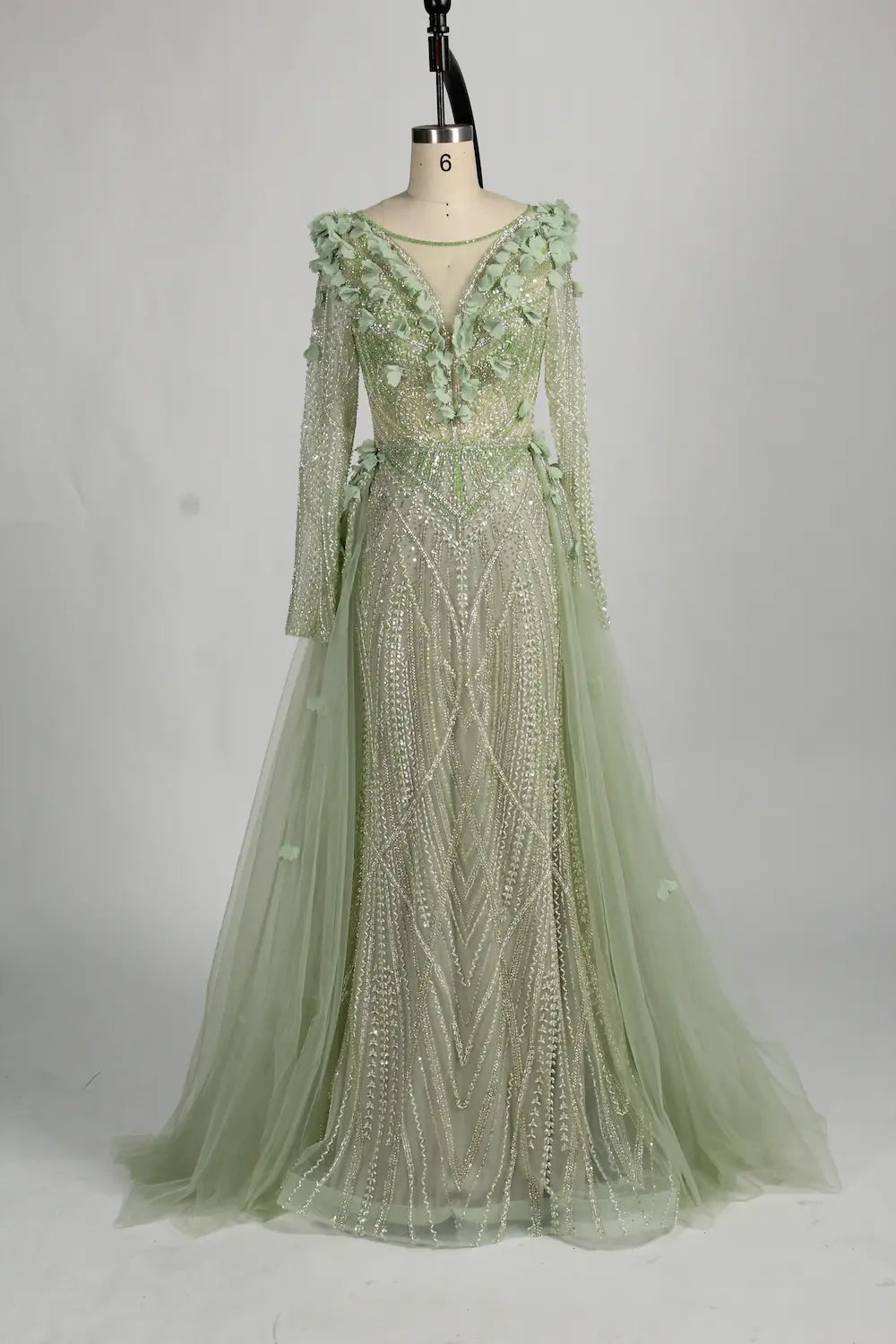 3D Floral Beaded Long Sleeve Sage Green Mother of the Bride Dress MC128
