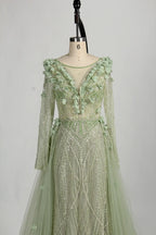 3D Floral Beaded Long Sleeve Sage Green Mother of the Bride Dress MC128