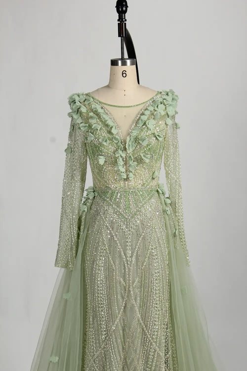 3D Floral Beaded Long Sleeve Sage Green Mother of the Bride Dress MC128