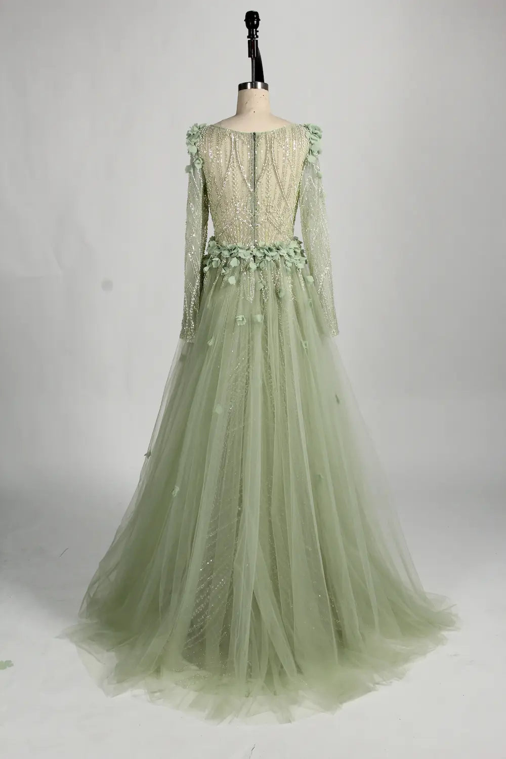 3D Floral Beaded Long Sleeve Sage Green Mother of the Bride Dress MC128