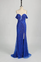 Beaded Royal Blue Off the Shoulder Evening Dress with High Slit MC129