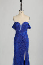Beaded Royal Blue Off the Shoulder Evening Dress with High Slit MC129