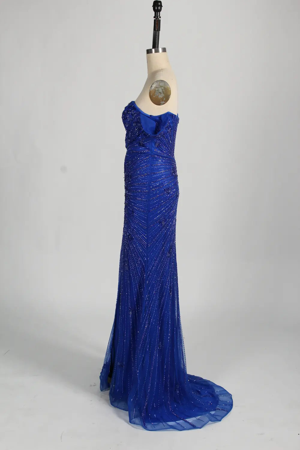 Beaded Royal Blue Off the Shoulder Evening Dress with High Slit MC129