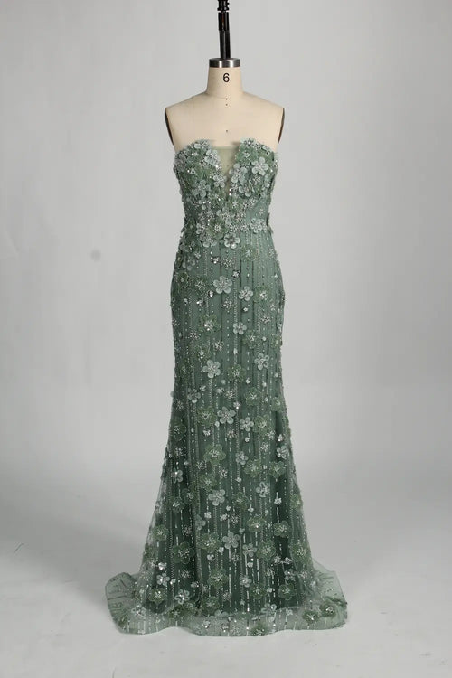 3D Floral Beaded Sage Green Mother of the Bride Dress with Cape Train MC130