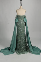 3D Floral Beaded Sage Green Mother of the Bride Dress with Cape Train MC130