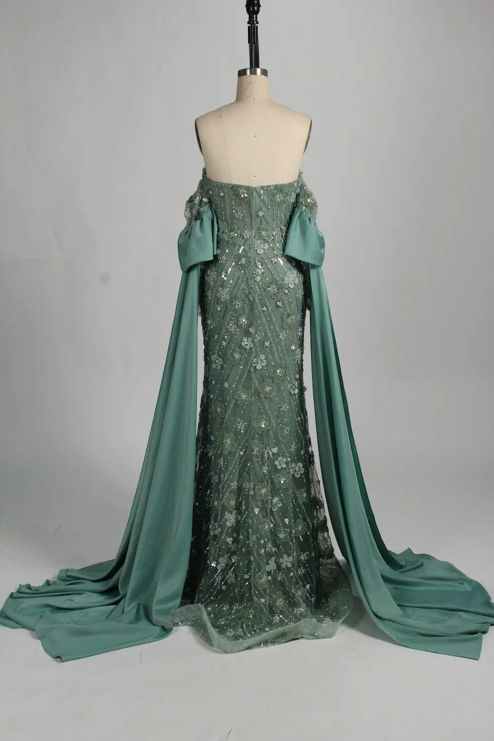 3D Floral Beaded Sage Green Mother of the Bride Dress with Cape Train MC130