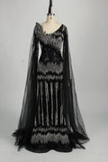 Sequined Feather Motif Black Fit and Flare Mother of the Bride Dress MC131
