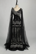 Sequined Feather Motif Black Fit and Flare Mother of the Bride Dress MC131