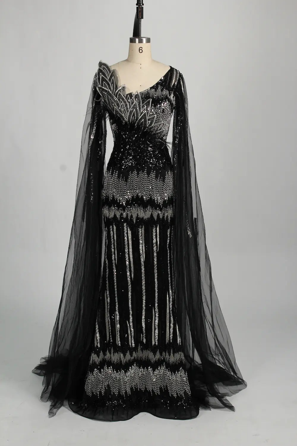 Sequined Feather Motif Black Fit and Flare Mother of the Bride Dress MC131