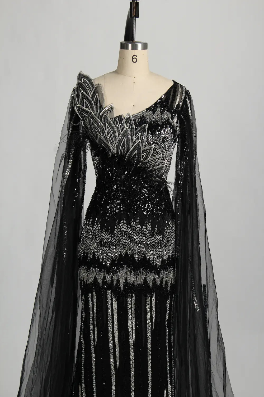 Sequined Feather Motif Black Fit and Flare Mother of the Bride Dress MC131