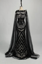 Sequined Feather Motif Black Fit and Flare Mother of the Bride Dress MC131