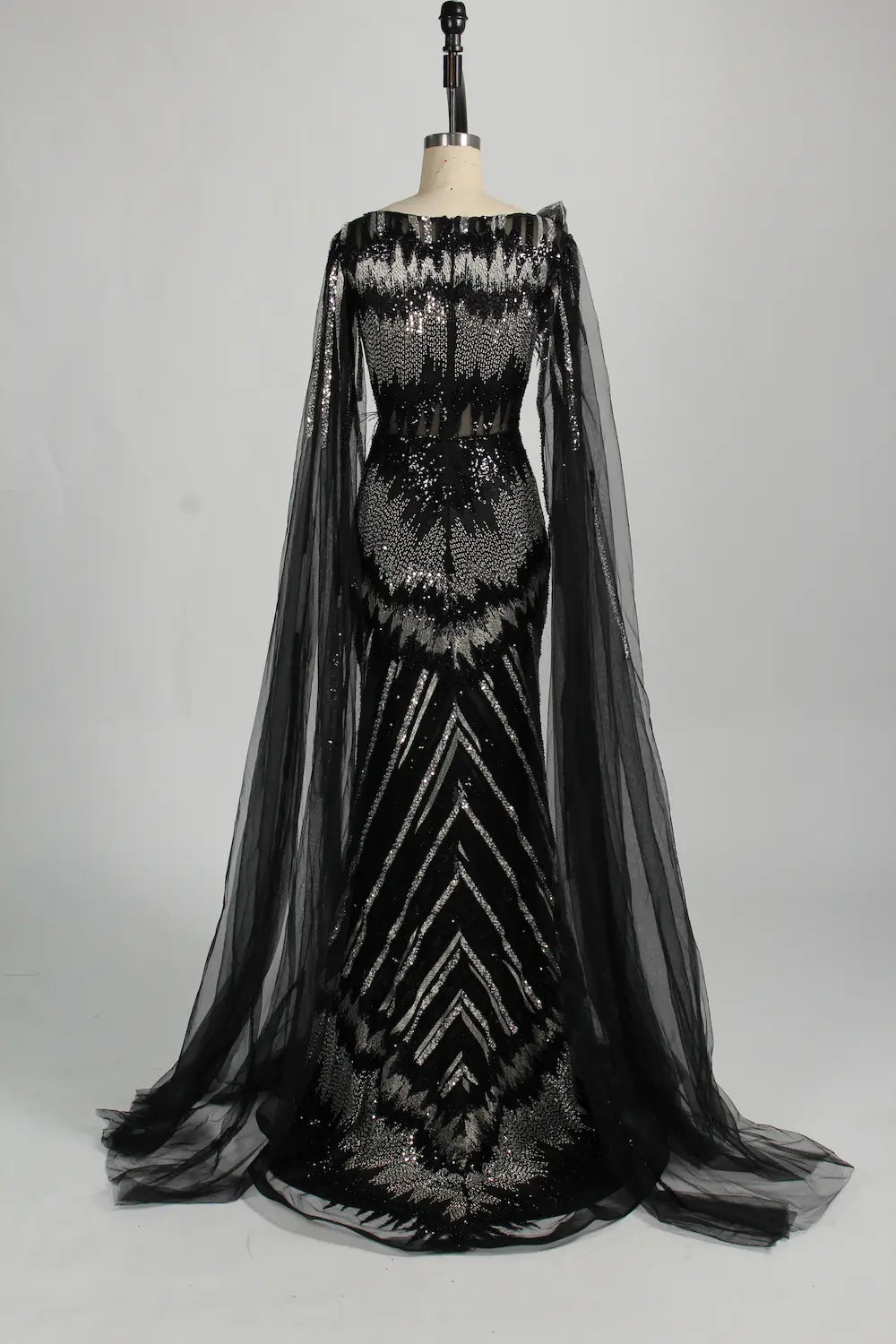 Sequined Feather Motif Black Fit and Flare Mother of the Bride Dress MC131