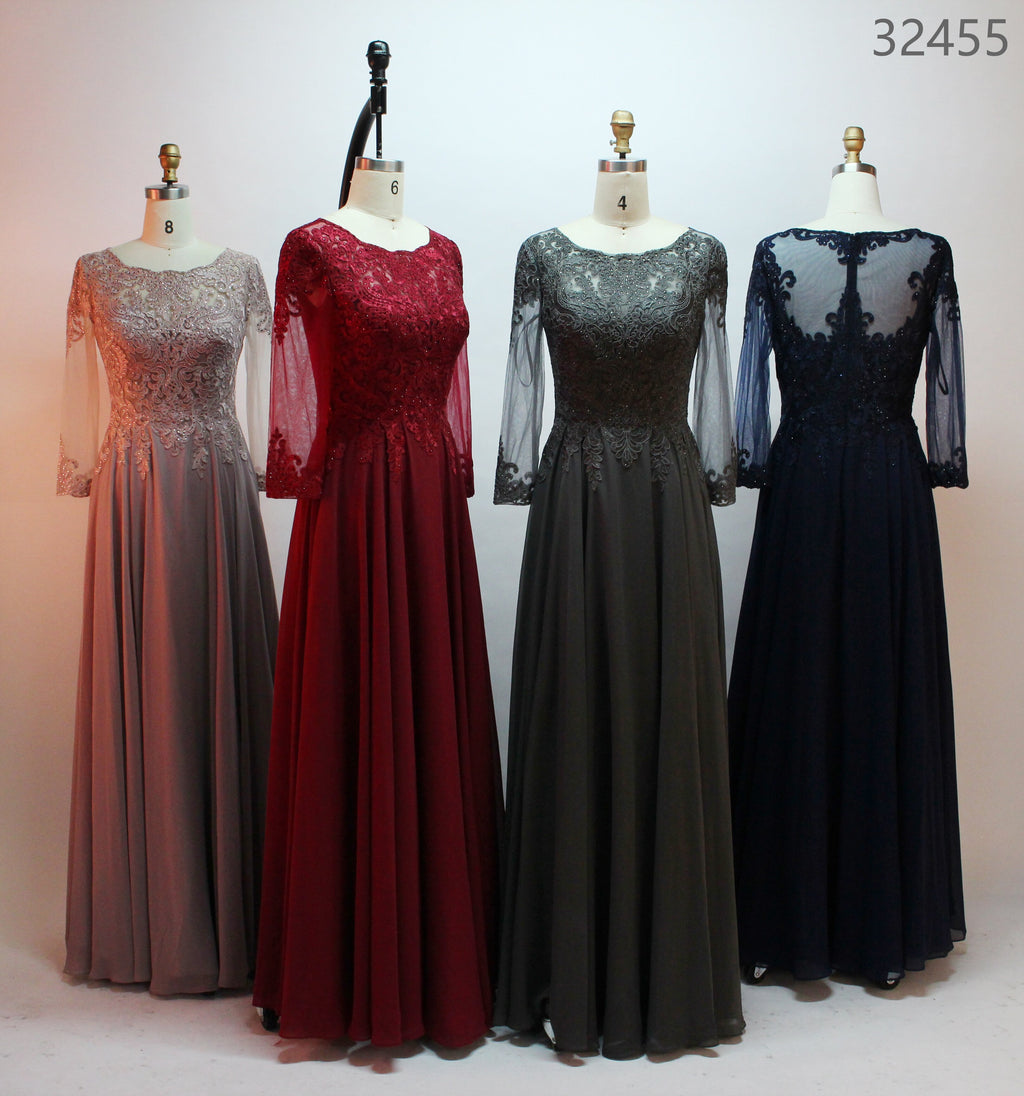 Wholesale Burgundy Lace Long-Sleeve Mother Dress 32455