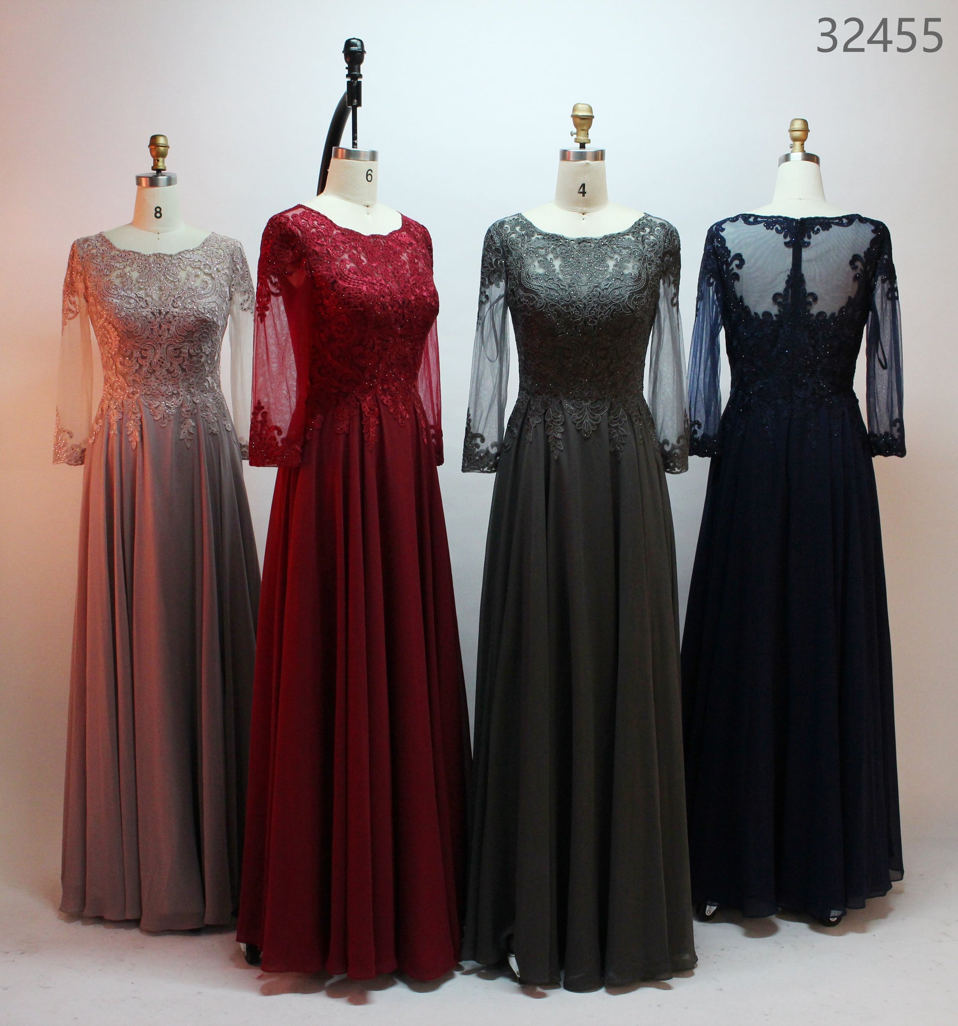 Wholesale Burgundy Lace Long-Sleeve Mother Dress 32455