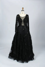 Black Deep V-Neck Beaded Long Sleeves  A-Line Mother of the Bride Dress MK066