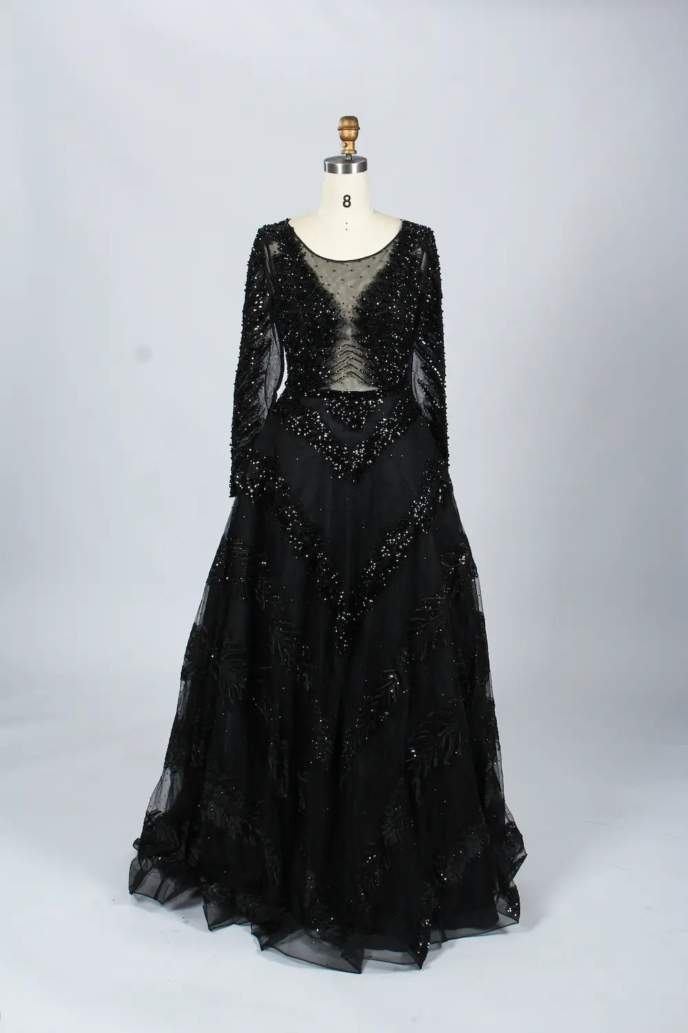 Black Deep V-Neck Beaded Long Sleeves  A-Line Mother of the Bride Dress MK066