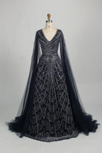 Beaded Geometric A Line Mother of the Bride Dress with Cape Sleeves MC133