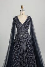 Beaded Geometric A Line Mother of the Bride Dress with Cape Sleeves MC133