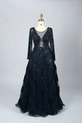 Black Deep V-Neck Beaded Long Sleeves  A-Line Mother of the Bride Dress MK066
