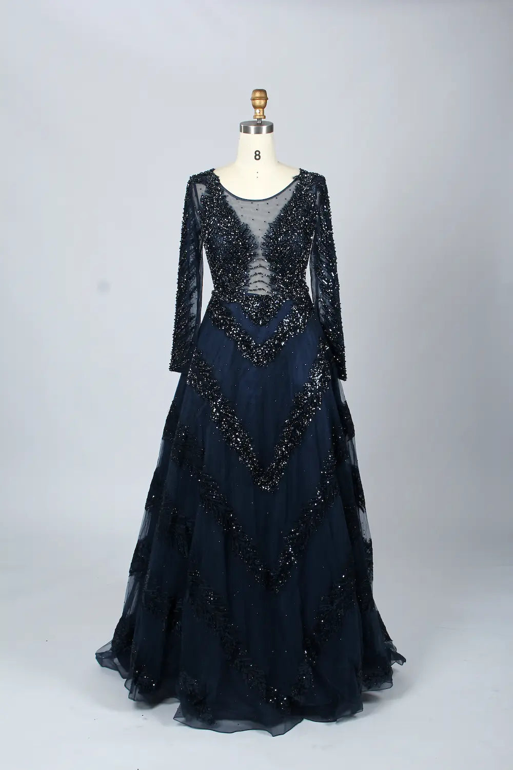 Black Deep V-Neck Beaded Long Sleeves  A-Line Mother of the Bride Dress MK066
