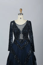 Black Deep V-Neck Beaded Long Sleeves  A-Line Mother of the Bride Dress MK066