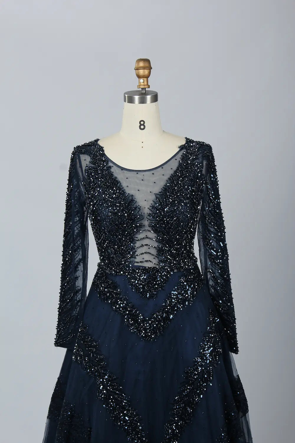 Black Deep V-Neck Beaded Long Sleeves  A-Line Mother of the Bride Dress MK066